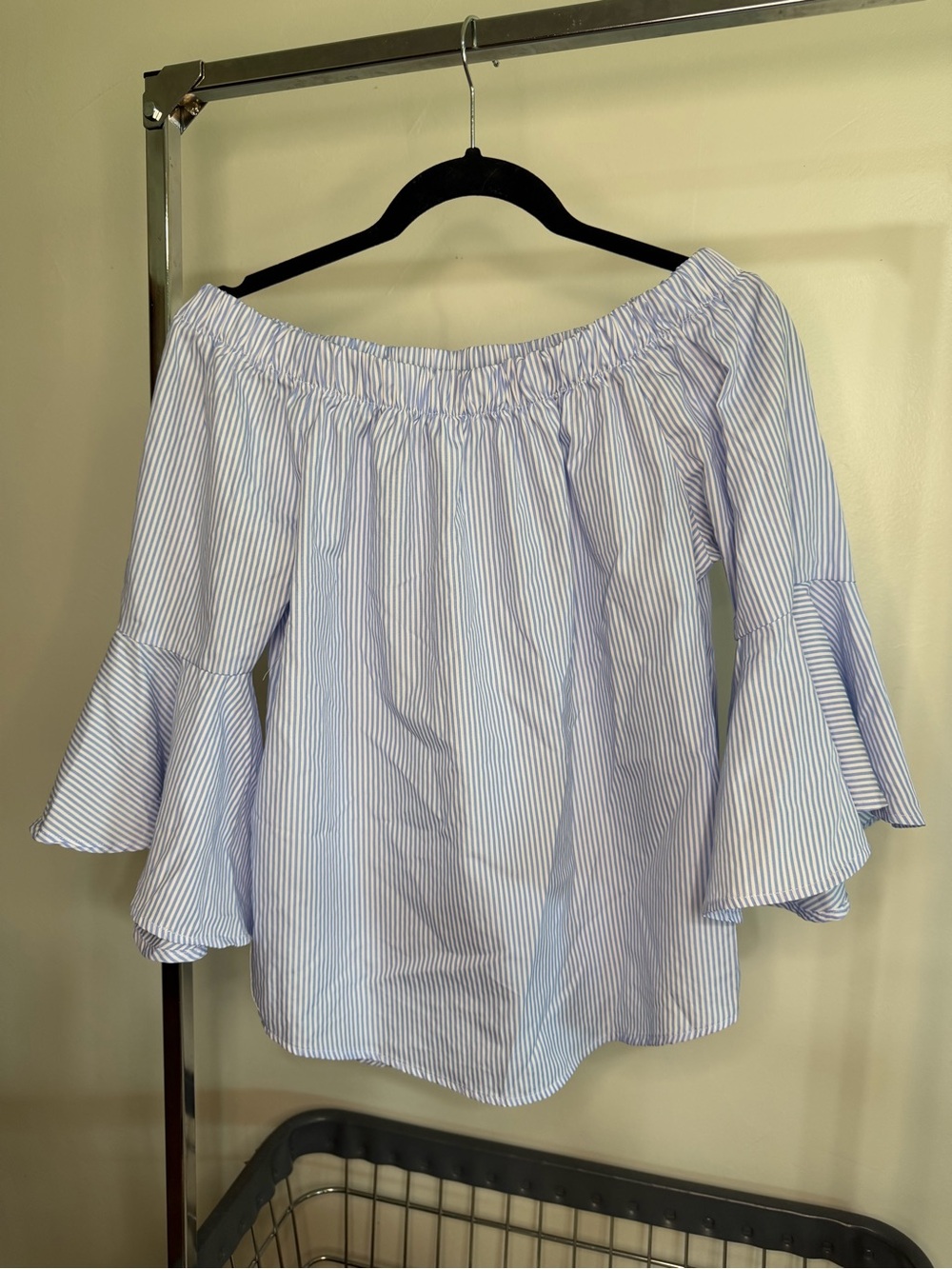 Roommates Blue and White Striped Off-Shoulder Bell-Sleeve Top